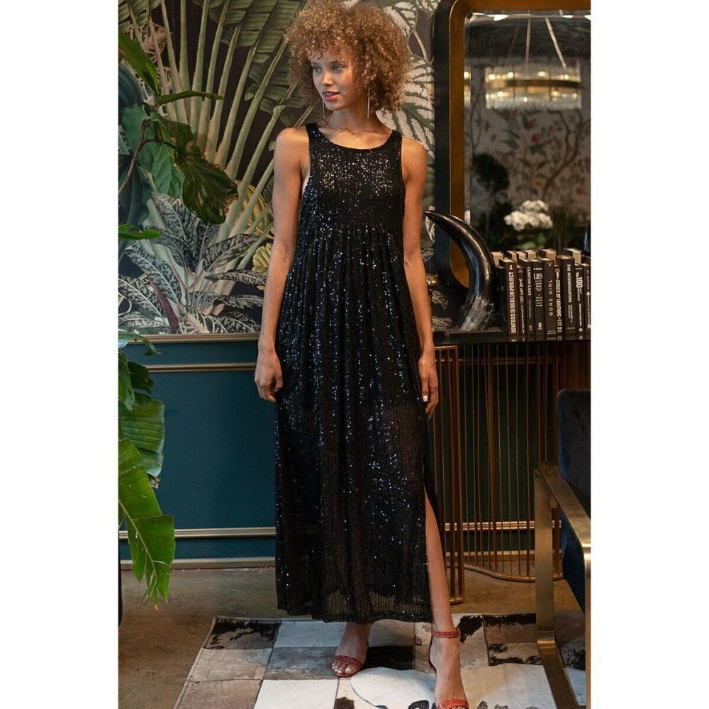 POL CLOTHING Jet Black SEQUIN Gown Dress Cocktail Dinner Party Sparkly SMD234